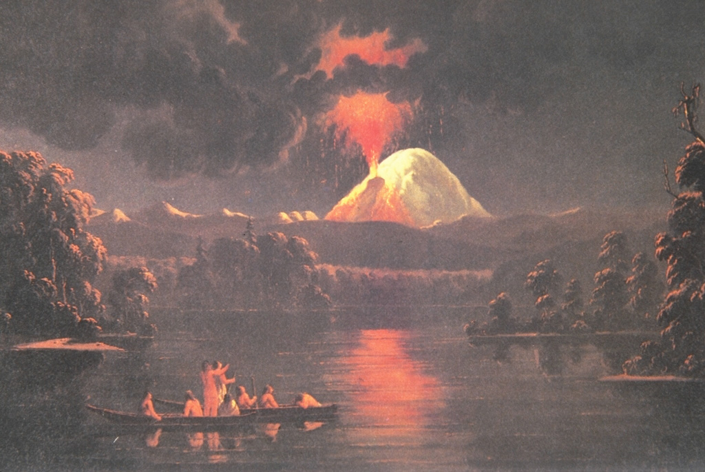 A painting by Paul Kane in the 1840s shows a nighttime eruption of Mount St. Helens as hypothetically viewed from near the mouth of the Lewis River to the west. The eruption is accurately shown originating from Goat Rocks on the N flank. Painting by Paul Kane (Royal Ontario Museum, Toronto, Canada).