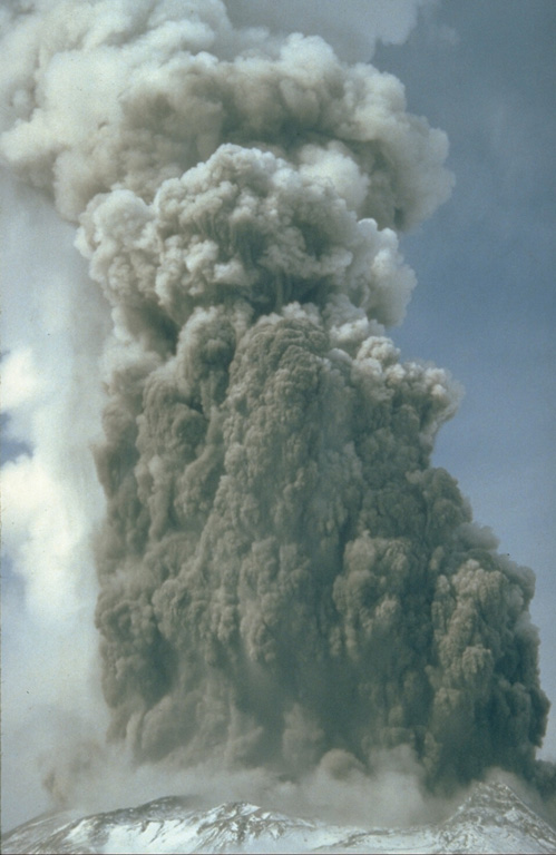 A series of phreatic eruptions beginning 27 March 1980 preceded the major eruption of 18 May. These relatively small steam-driven eruptions ejected ash and gas from the summit, creating a new crater and blanketing the flanks with ash. The material ejected consisted of fragments from the 350-year-old lava dome that formed the summit. Photo by Don Swanson, 1980 (U.S. Geological Survey).