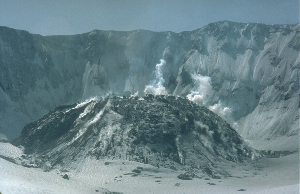 Beginning in October 1980, activity during 17 eruptive episodes built this lava dome that grew to 876 m above the crater floor, shown here in April 1983. During a 12-month period beginning in 1983 the dome primarily grew by magma rising into the interior of the dome, called endogenous dome growth. Hundreds of small gas-and-steam explosions occurred at the dome. Photo by Bob Symonds, 1983 (U.S. Geological Survey).