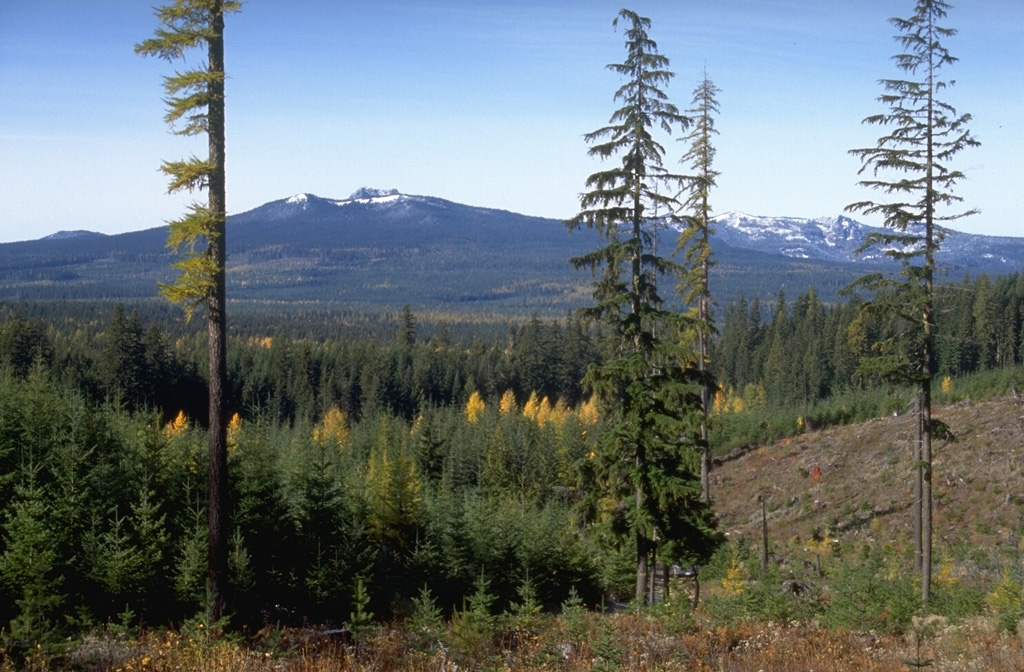 Berry Mountain (left), as well as Gifford Peak and East Crater (right), are small Pleistocene shield volcanoes with smaller cones. They are part of the Pleistocene-to-Holocene Indian Heaven volcanic field in the southern Cascade Range of Washington between Mount St. Helens and Mount Adams. Photo by Lee Siebert, 1995 (Smithsonian Institution).