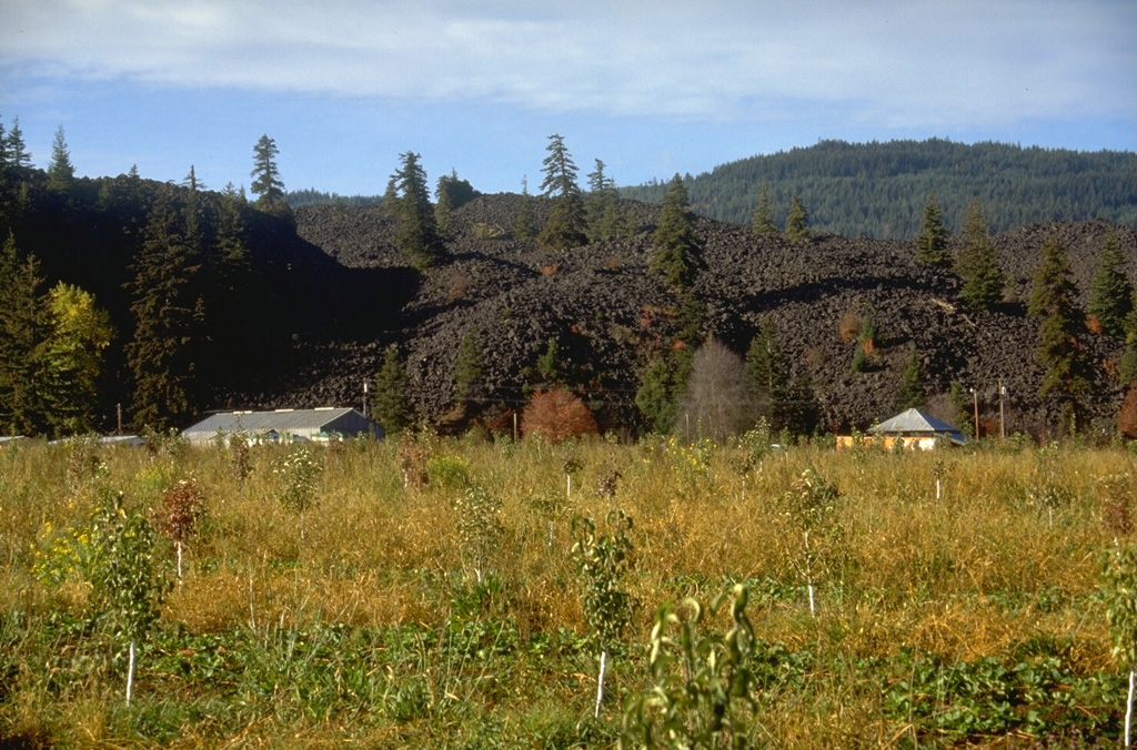 The blocky Parkdale lava flow, which traveled 6 km from a scoria cone located along the Middle Fork Hood River near the N flank of Mount Hood, towers above houses in the agricultural Hood River valley. The Parkdale flow has been radiocarbon dated at about 6,890 years. Photo by Lee Siebert, 1995 (Smithsonian Institution).