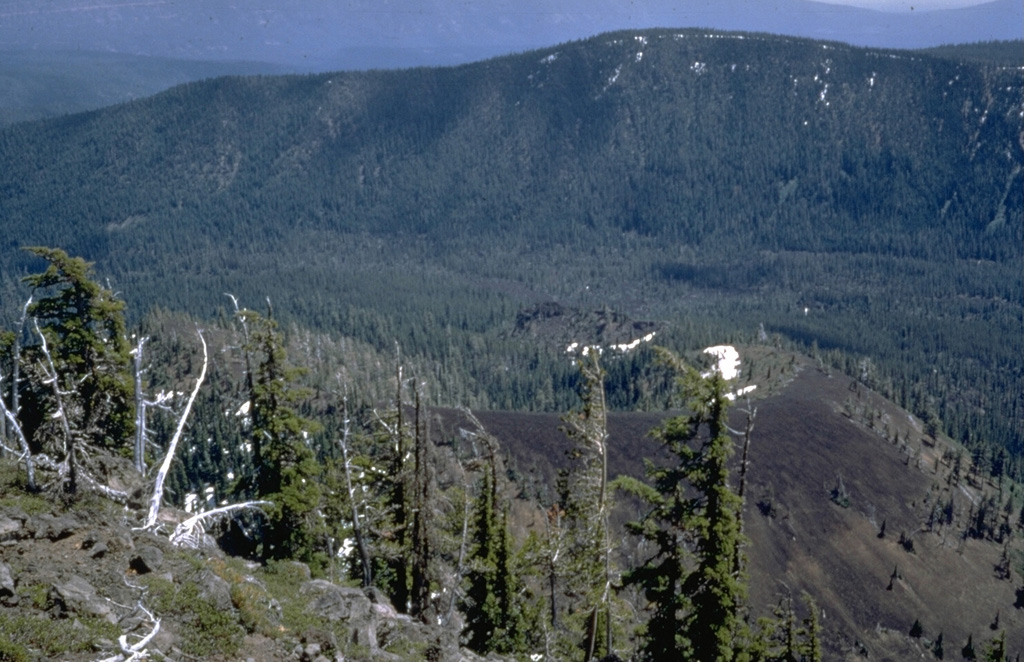 The unnamed scoria cone to the lower right, viewed from Bear Butte to the NW, was the source of a 13-km-long lava flow that traveled to the west down Jefferson Creek in the center of the photo. The lava flow overlies the northern lobe of a 6,500-year-old flow from Forked Butte, another Holocene scoria cone south of Mount Jefferson. The Forked Butte lava flow divided into lobes that traveled on either side of Sugar Pine Ridge in the background. Photo by Willie Scott, 1972 (U.S. Geological Survey).