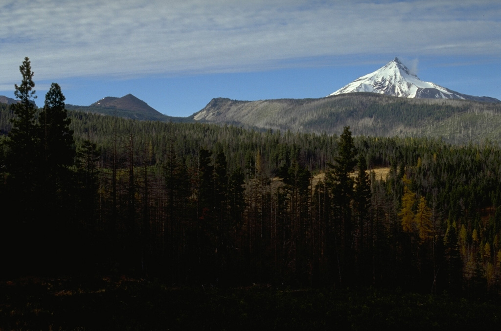 Forked Butte, the scoria cone on the left skyline south of snow-capped Mount Jefferson, formed about 6,500 years ago. It produced lava that flowed from the notch to the right of Forked Butte down valleys on both sides of Sugar Pine Ridge that forms the right skyline. The southern lobe traveled 8 km to the west down Cabot Creek below Sugar Pine Ridge. Photo by Lee Siebert, 1995 (Smithsonian Institution).