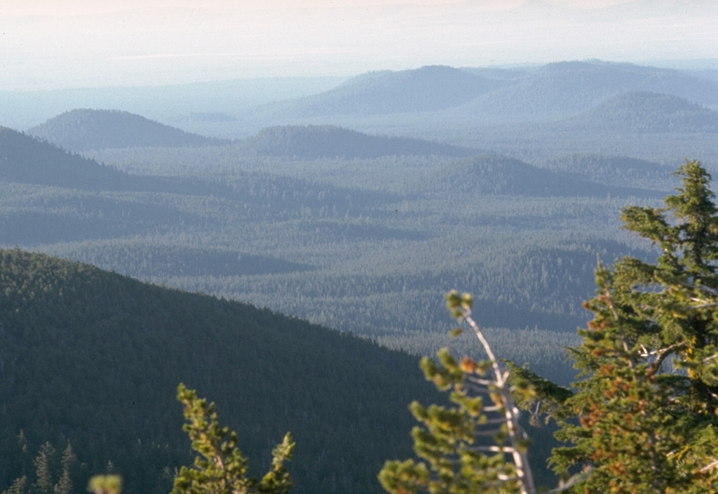 As many as 400 scoria cones that dot the flanks of the massive 30 x 60 km wide Newberry shield volcano in Oregon are seen in this view from Paulina Peak on the south rim of Newberry caldera. The scoria cones at Newberry are most abundant on the north and south flanks. Many are of Pleistocene age, but cones along a rift on the NW flank and some on the south flank have erupted during the Holocene. Photo by Lee Siebert, 1972 (Smithsonian Institution).