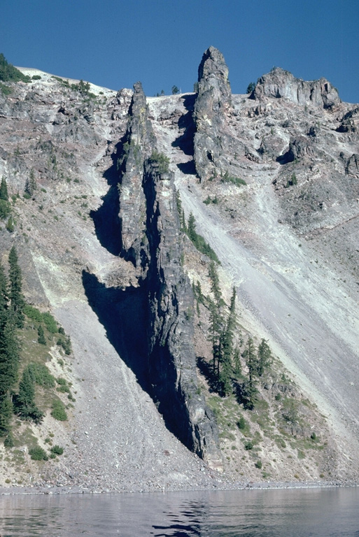 Devil's Backbone is a segmented dike that rises nearly 400 m from the shore of Crater Lake in the western rim of the caldera. The andesite dike was a feeder for a vent that was near Mount Hillman but has since been removed by glacial erosion.   Photo by Lee Siebert, 1981 (Smithsonian Institution)