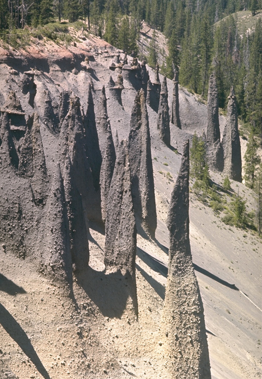 Erosion of the large pyroclastic flow deposit emplaced during the caldera-forming eruption of Crater Lake has exposed these pinnacles. The more resistant spires formed when the deposit was releasing hot gases after emplacement, forming fumarole pathways that cemented the grains together. The change in color of the deposit marks a change in the chemistry of the erupted rocks. The lighter-colored basal rhyodacite is overlain by gray (iron-and magnesium-rich) andesite. Photo by Lee Siebert, 1972 (Smithsonian Institution).