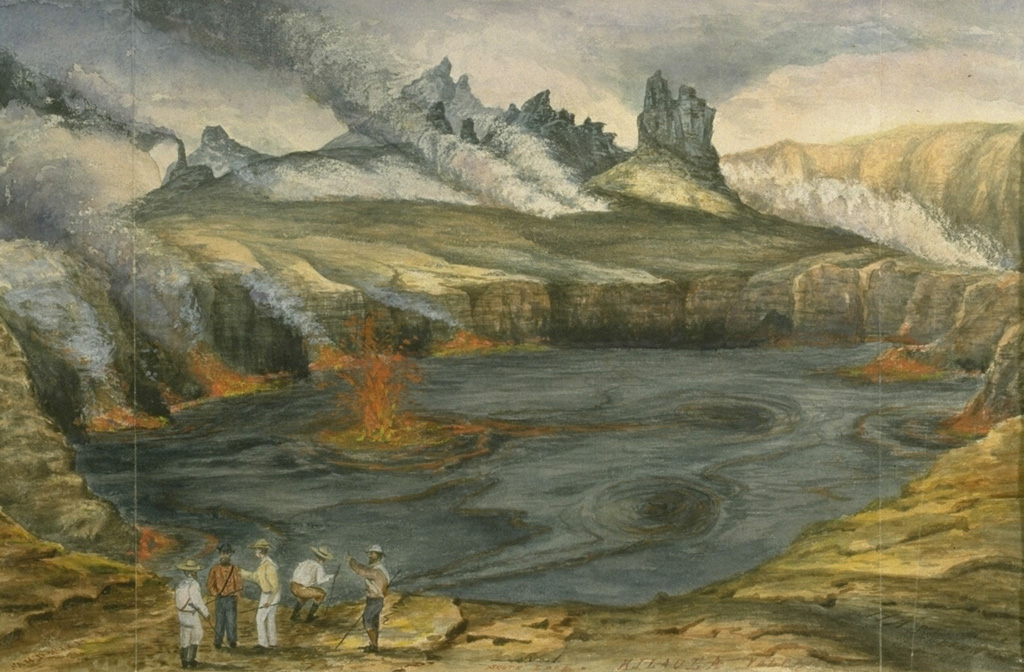 This September 1880 painting shows fountaining from the active lava lake in Halemaumau crater.  Lava lake activity within Kilauea's summit caldera was continuous from at least August 1823 until December 1894.  With short periods of interruption, Halemaumau's lava lake remained active for a century before ceasing after an explosive eruption in 1924.  This spectacular long-term activity, in which the magma conduit remained at the surface, drew visitors from around the world.   From the collection of Maurice and Katia Krafft.