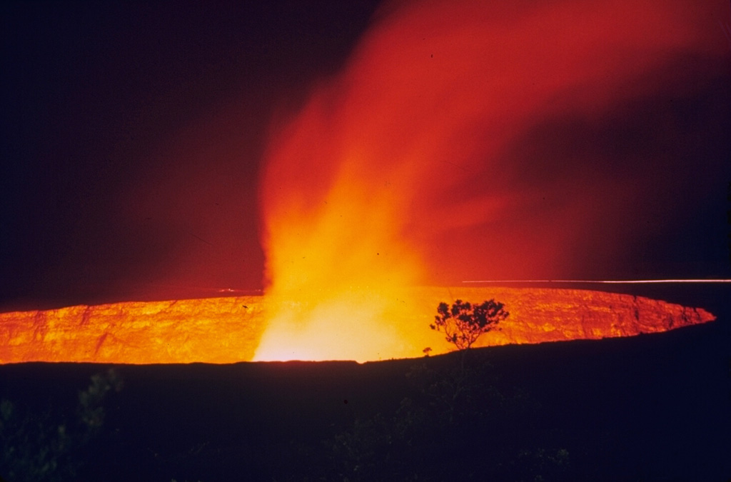 A lava lake within Halema‘uma‘u produces a gas plume on 23 November 1968, shortly after activity began. This period of lava lake activity continued through to July 1968. Photo by Richard Fiske, 1967 (Smithsonian Institution).
