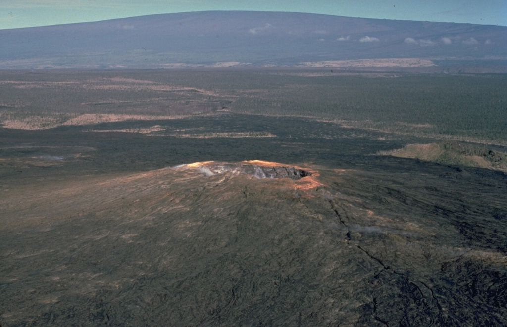 Two shield volcanoes of radically different scale appear in this photo.  Mauna Ulu, a small, 120-m-high shield volcano on the east rift zone of Kilauea volcano, is dwarfed by massive Mauna Loa in the background, the world's largest active volcano.  Both volcanoes were constructed by the repetitive eruption of thin, overlapping lava flows, but over greatly differing time spans.  Maunu Ulu was built during a 5-year eruption during 1969-1974, whereas Mauna Loa grew nearly 9 km up from the sea floor over a period of a few hundred thousand years. Copyrighted photo by Katia and Maurice Krafft, 1979.