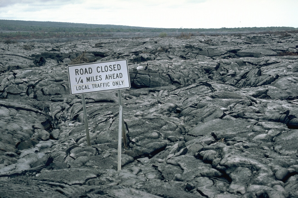 Lava flows from the East Rift Zone eruption that began in 1983 at Hawaii's Kilauea volcano frequently overran the coastal highway, enveloping traffic signs such as this one. Lava flows can travel fast enough to block roads and evacuation routes, closing off access to communities and trapping residents. Photo by Lee Siebert, 1987 (Smithsonian Institution).