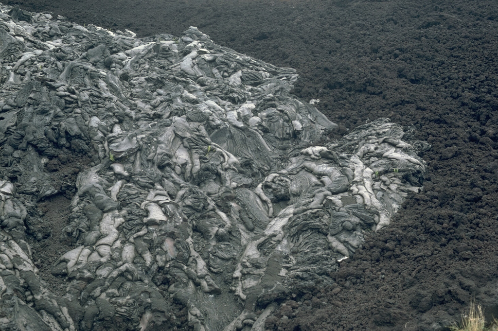 Two types of lava flows, pahoehoe (left) and `a`a (right), are different textural forms of otherwise identical lava. The different textures relate to different flow dynamics and both can form in the same lava flow. Because of differential weathering rates, the overlying pahoehoe flows look younger than the associated aa flows, and the two flows are easily mistaken for flows of greatly differing age. Photo by Lee Siebert, 1987 (Smithsonian Institution).