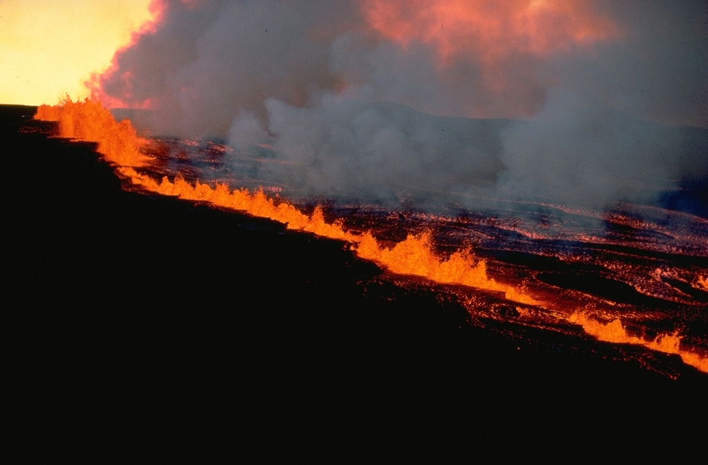 A long line of lava fountains several tens of meters high rise along a NE-flank fissure of Hawaii's Mauna Loa volcano on March 25, 1984.  The fissure-fed eruption began within the Mokuaweoweo summit caldera and on the upper SW flank and then was concentrated on the NE flank.  Single discrete segments of the eruptive fissure are offset, forming an en-echelon pattern.  Activity commonly migrates along a fissure during the course of an eruption.  Cinder cones may form where eruptive activity becomes localized at one or more points. Copyrighted photo by Katia and Maurice Krafft, 1984.