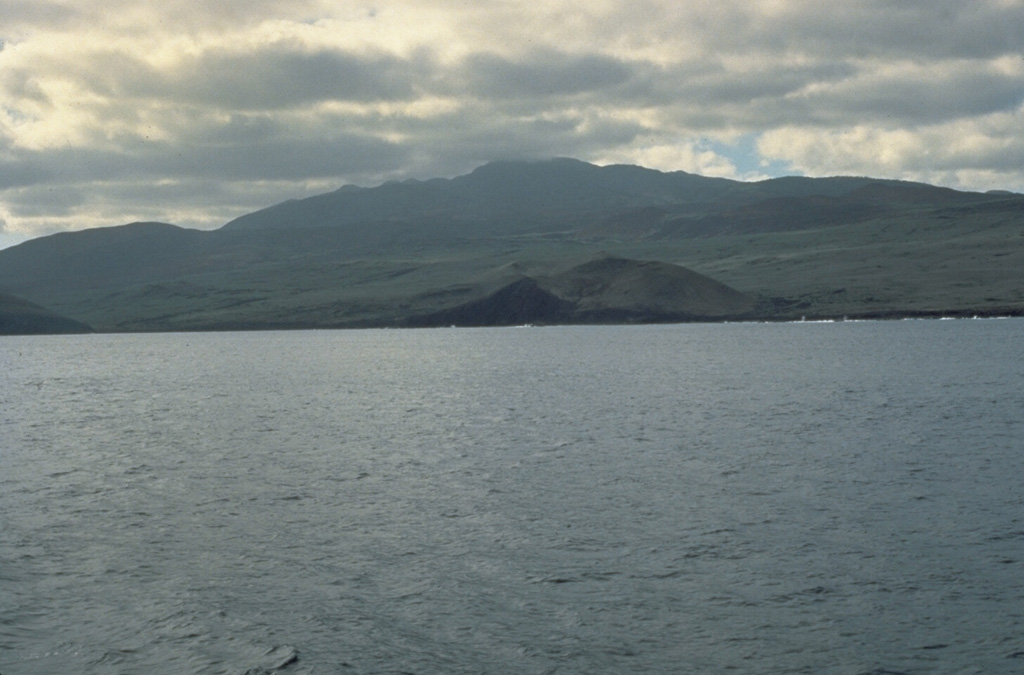 Socorro Island is the summit of a predominantly submarine shield volcano that has a largely buried 4.5-km-wide summit caldera. Cerro Evermann (center) forms the summit and is seen here from the south. Rhyolite lava domes have formed along flank rifts and silicic lava flows have reached the coast. Historical eruptions have been restricted to flank vents, including a submarine vent west of Socorro during 1993-94. Photo by Steve Nelson, 1989 (Tulane University).
