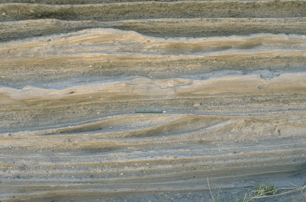 Pyroclastic surge deposits from La Breña maar in México's Durango volcanic field show both laminar and dune bedding. The thin beds (pen in the center for scale) were created by successive explosive eruptions that produced high-velocity pyroclastic surges that swept radially away from the volcano. The direction of movement of the surge clouds was from right to left, as seen from the truncated dune beds on the near-vent side. Photo by Jim Luhr, 1988 (Smithsonian Institution).