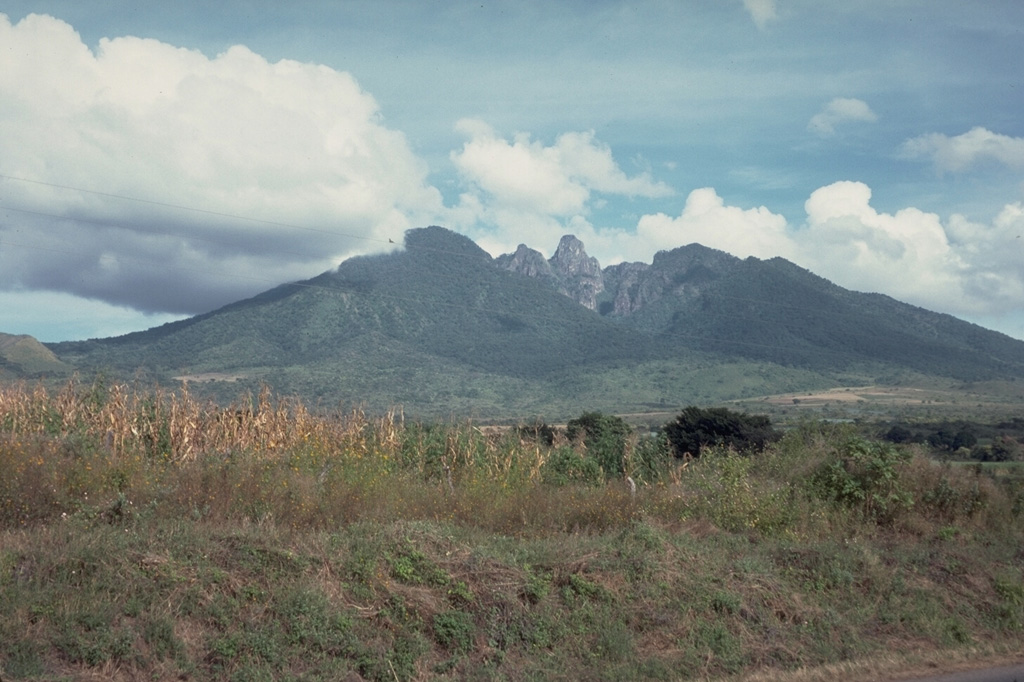 Sangangüey contains a prominent lava spine at its eroded summit, seen here from the west. Sangangüey was constructed on the southern flank of Las Navajas volcano. The NW and SE flanks contain 45 scoria cones that erupted during the past 300,000 years. Activity at the main edifice ceased during the Pleistocene and some cones may only be about 1,000 years old. Photo by Jim Luhr, 1978 (Smithsonian Institution).