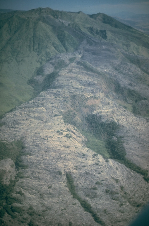 An eruption of Ceboruco volcano began in 1870 and produced the lava flow shown here from the west. Explosive eruptions began from a vent near the western caldera rim in February 1870 and continued with emission of the 1.1 km3 lava flow, which traveled 6 km down the lower flank. The eruption continued sporadically for 5 years, causing extensive damage to livestock and crops. Hundreds of people were forced to abandon their homes. Photo by Jim Luhr, 1980 (Smithsonian Institution).