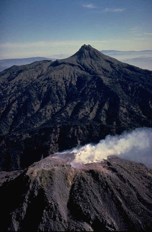 A steam plume pours off the summit of Colima volcano in June 1978, with sharp-peaked Nevado de Colima in the background to the north.  During an eruptive period from December 1977 to June 1982, growth of the summit lava dome was accompanied by periodic small exposions and block-and-ash flows.  A lava flow was extruded down the south flank beginning in December 1981. Copyrighted photo by Katia and Maurice Krafft, 1978.