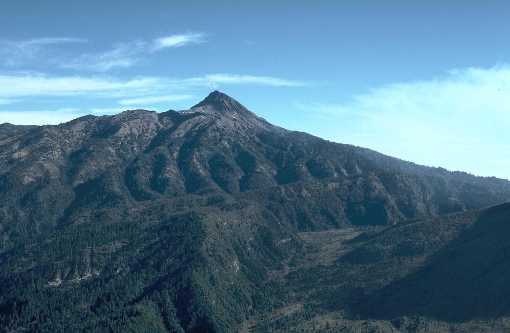 The lower area in the foreground of this view of Nevado de Colima is the moat of a large horseshoe-shaped caldera. The steep rim forms the forested arcuate ridge in the center. The caldera formed during collapse of the ancestral Colima, south of the current cone. The flanks of modern-day Colima, which have filled much of the caldera and overtopped in on three sides, appear to the lower right. Photo by Jim Luhr, 1981 (Smithsonian Institution).
