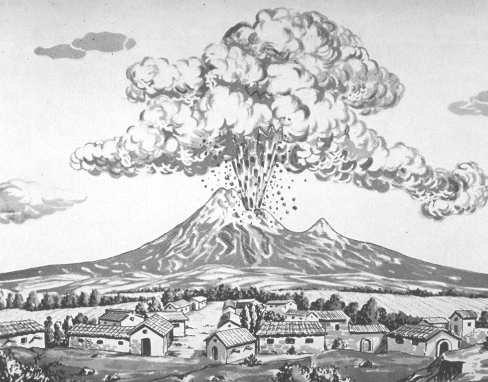 This sketch shows an eruption of Colima on 16 April 1872, as seen from the SE with Nevado de Colima peak on the right skyline. The sketch correctly depicts the eruption as originating from El Volcancito, a NE-flank vent. This event began at 10 in the morning and lasted for 30 minutes. The 1872 eruption began on 26 February and lasted until 14 March of the next year, when ashfall occurred in Colima City 35 km to the south. Sketch by Emiliano Meza (courtesy of Julian Flores, University of Guadalajara).