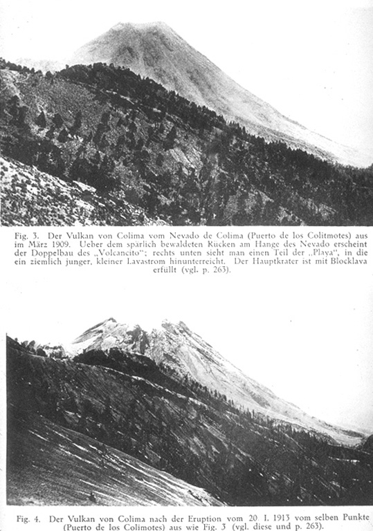 These two photos show the summit of Volcán de Colima from Nevado de Colima in 1909 (top) and 1913 (bottom). They illustrate the effects of a major explosive eruption on 20 January 1913, which removed nearly 100 m of the upper part of the cone and created a 450-m-wide crater that was at least 350 m deep. The eruption produced heavy ashfall and pyroclastic flows that traveled down all flanks. This continued the typical Colima cycle of century-long dome growth and minor explosions culminating in a very powerful explosive eruption. Photo from Waitz 1915 (Zeitschrift Vulkanologie).