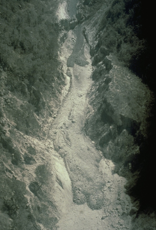 This 24 April 1991 aerial photo shows deposits from the 1991 eruption of Colima in the lower part of the Barranca El Cordobán on the south flank. The deposits at the bottom of the photo with rounded flow fronts and well-defined levees originated from block-and-ash flows. The darker, more recent deposits near the top of the photo contain a higher amount of juvenile (fresh magmatic) material. Photo by Jean-Christophe Komorowski, 1991(Arizona State University).