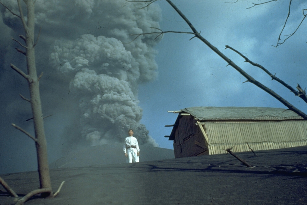 An ash plume at Parícutin in 1944 is photographed from the first observatory cabin 1.5 km north, with local resident Celedonio Gutierrez in the foreground. Gutierrez was born in the nearby town of San Juan Parangaricutiro, which was inundated by lava flows, and became actively involved in collaborations with U.S. scientists throughout the eruption. Photo by Ken Segerstrom, 1944 (U.S. Geological Survey, published in Luhr and Simkin, 1993).