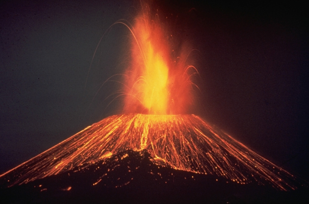 This nighttime time-exposure of México's Parícutin volcano in 1948 shows a Strombolian eruption ejecting incandescent blocks that then rolled down the slopes of the cone. Parícutin is known as the volcano that erupted in a cornfield in 1943. It grew to a height of more than 150 m within the first week of its appearance and remained active until 1952. Photo by Carl Fries, 1948 (U.S. Geological Survey).
