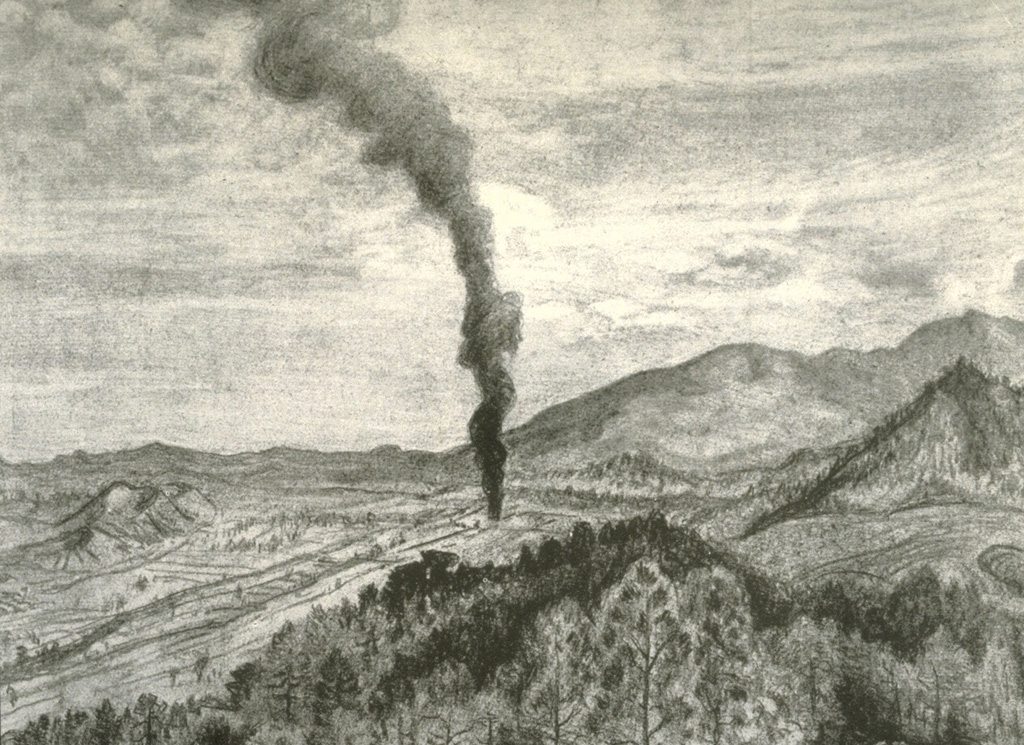 This sketch by Mexican artist Dr. Atl depicts the early moments of the Parícutin eruption in a cornfield near the village from which the volcano was named. A Tarascan farmer, Dionisio Pulido, observed the formation of the eruptive vent in his field about 1630 on 20 February 1943 as he was burning branches. Sketch by Dr. Atl, 1943 (published in Luhr and Simkin, 1993).