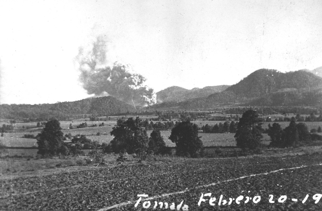 One of the first photographs taken of the Parícutin eruption shows an ash plume rising from the new volcano at 1800 on 20 February 1943, 1.5 hours after the start of the eruption. The photo was taken near Ticuiro, 5 km NNW of the volcano, with the fields of San Juan Parangaricutiro, later overrun by lava flows, in the foreground. Cerro de Canicjuata is the forested older cone to the right. Photo by Luis Mora-Garcia, 1943 (published in Foshag and González-Reyna, 1956).