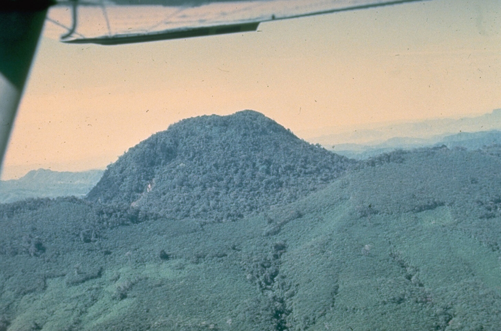 A forested lava dome, seen here from the east in 1974, filled the crater of México's El Chichón volcano and formed its highest point prior to a major eruption in 1982. The low ridge cutting across the middle of the photo is the rim of the pre-1982 crater. Powerful explosive eruptions in March and April 1982 removed the lava dome and produced a 1-km-wide crater. Photo by Paul Damon, 1974 (University of Arizona).