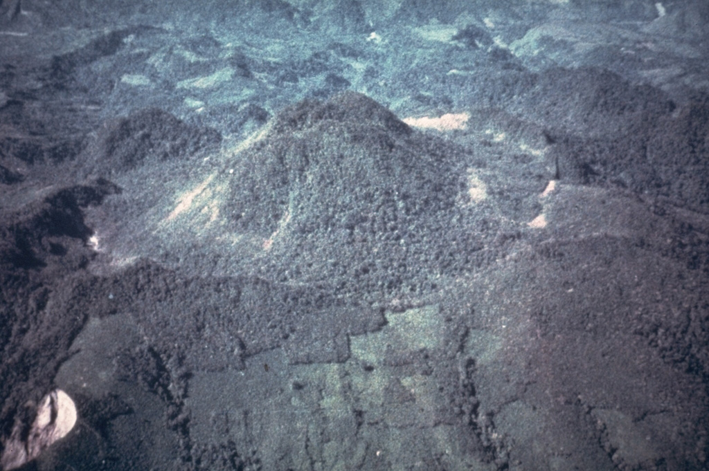 The pre-1982 summit of El Chichón is seen in this aerial view from the east. A large lava dome fills a 1.6 x 2 km wide crater that formed about 220,000 years ago. This dome was destroyed by the 1982 eruptions, which created a new 1-km-wide crater where the former dome was. Two older lava domes are visible to the SW (upper left) and NW (upper right). Photo by René Canul, 1981 (Comisión Federal de Electricidad).