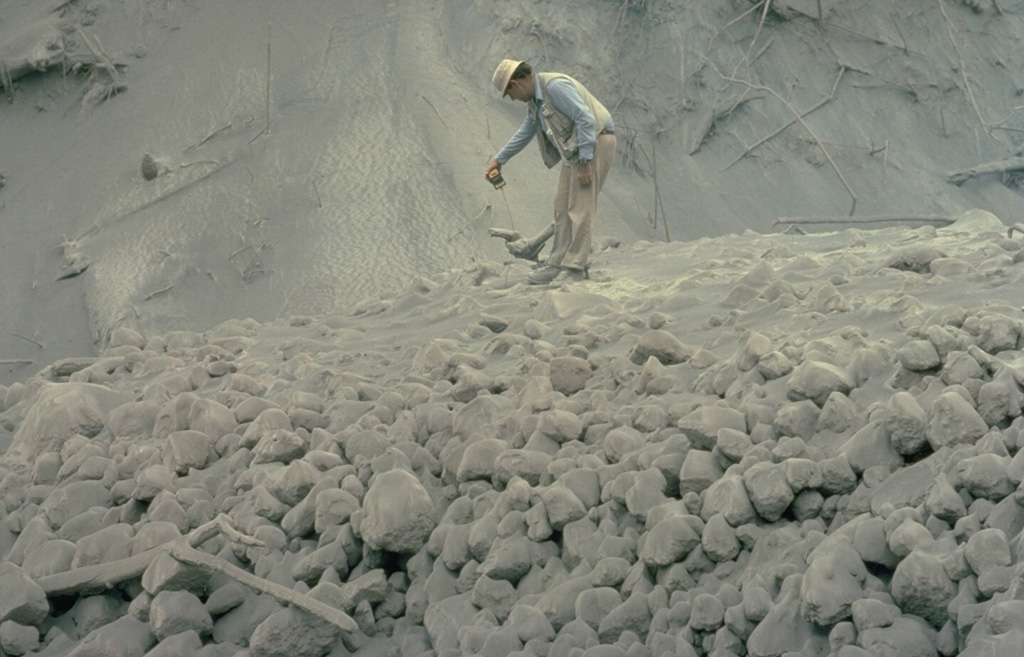 Volcanologist Maurice Krafft measures the temperature of a pyroclastic-flow deposit from El Chichón volcano in April 1982.  Pyroclastic flows and surges devastated an area of about 150 km2 around the volcano in a series of powerful eruptions March 28 to April 4. Copyrighted photo by Katia and Maurice Krafft, 1983.