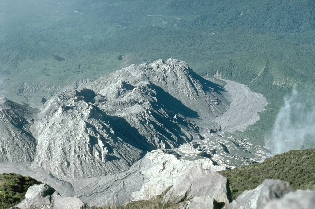 The Santiaguito lava dome has been continually growing since 1922, seen here in December 1993 from the summit of Santa María. Episodic periods of increased growth have occurred from different vents on the dome complex. The Caliente vent is partially seen at the far left, with La Mitad, El Monje, and El Brujo vents located farther west along the 3-km-long crest of Santiaguito. Photo by Lee Siebert, 1993 (Smithsonian Institution).