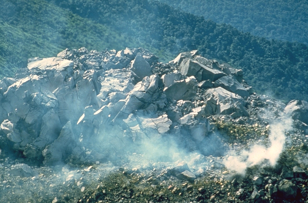 A small blocky lava dome within the Caliente vent on the Santiaguito lava dome of Guatemala's Santa María volcano on 18 July 1969. This was near the beginning of a period of renewed activity at this vent. Growth of the composite Santiaguito lava dome has been ongoing since 1922. Photo by Dick Stoiber, 1969 (Dartmouth College).