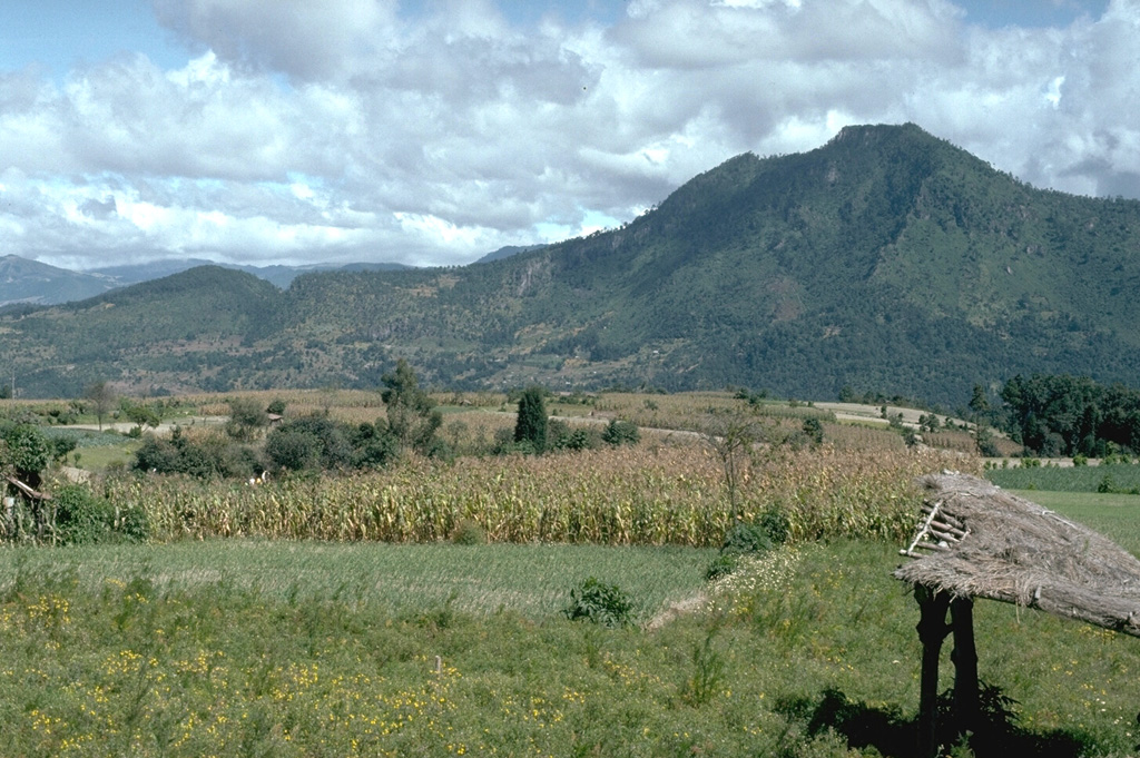 Cerro Quemado is the youngest lava dome complex of Volcán de Almolonga and is seen here across the Llano del Pinal plain. Collapse of the NE flank about 1,150 years ago produced a debris avalanche deposit that forms the undulating topography in the foreground. An associated lateral blast also occurred across the Llano del Pinal. The eruption concluded with the emplacement of a small lava dome inside the avalanche scarp. Photo by Lee Siebert, 1993 (Smithsonian Institution).