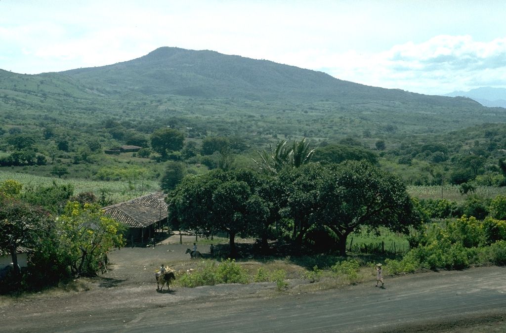 Volcán Ixtepeque, which is named after the Aztec word for obsidian, is seen here from the west. A 4 x 5 km rhyolitic obsidian lava flow field was erupted within the Ipala graben from a NE-trending vent . Obsidian from Ixtepeque has been found at archaeological sites across Central America. Photo by Lee Siebert, 1993 (Smithsonian Institution).