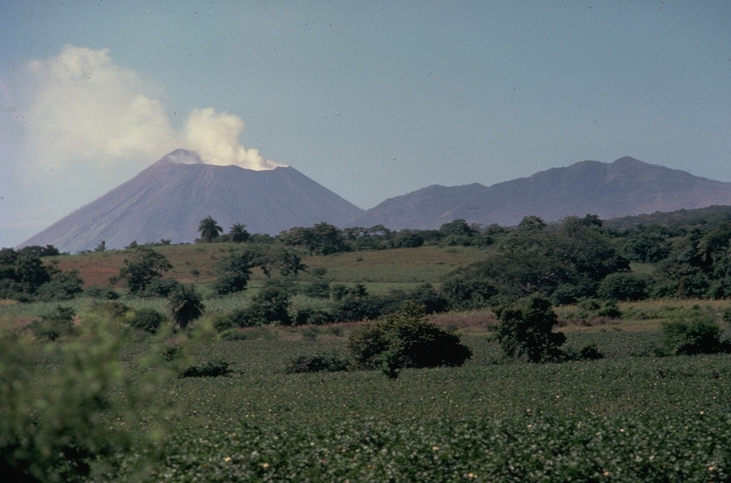 The San Cristóbal volcanic complex towers above the Plain of León to its south.  A vigorous steam plume rises in 1978 above San Cristóbal (El Viejo) volcano at the left, the most recently active volcano of the complex.  The irregular summit of Casita volcano (right) was formed by eruptions from several independent, partially overlapping craters along an E-W axis.  Seven fumarolic areas are widely scattered over Casita volcano, which is also known as Chichigalpa. Photo by Jaime Incer, 1978.