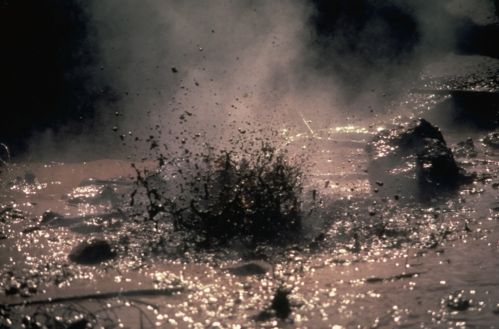 Mud pots boil in this 1978 view of the San Jacinto thermal area at El Salvador's Telica volcanic complex. The alignment of fumaroles and mud pots suggests an underlying fault running NNE. Magmatic steam and gases have been emitted from the thermal area for many years at a fairly constant rate. Photo by Jaime Incer, 1978.