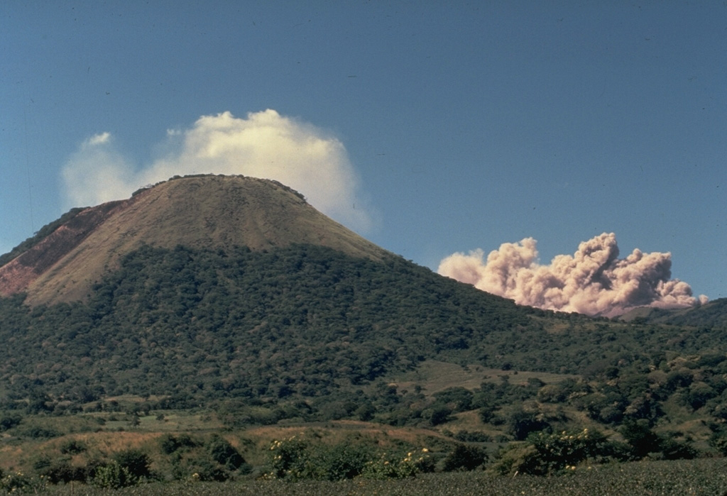 An ash column rises in 1977 from the crater of Telica volcano, behind the ridge at the right.  This was one of many explosive eruptions that took place between November 1976 and January 1978.  The steep-sided symmetrical peak at the left is Santa Clara, one of several overlapping volcanoes of the Telica volcanic complex.  Reports of historical eruptions from Santa Clara, located at the south end of the Telica complex, have not been substantiated.  This view is from the SE. Photo by Jaime Incer, 1977.
