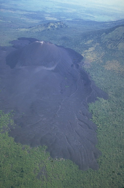 Prominent flow levees are visible on the surface of the 1968 lava flow from Cerro Negro in the foreground, marking individual flow lobes.  This flow originated from a spatter cone (named Cristo Rey) on the south flank of Cerro Negro and traveled 1.5 km from the vent.  Tephra covers and smooths the surface texture of an older flow in front of the cone to the left; this flow was emplaced during the 1960 eruption.   Photo by Jaime Incer, 1980.