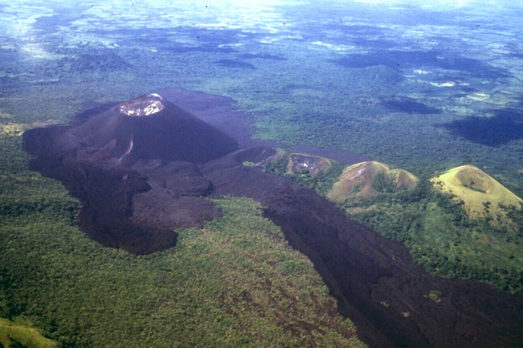 The short dark-colored lava flow in the left foreground and the left-hand, darker flow extending to the lower right-hand margin originated from a vent on the eastern flank of Cerro Negro during a September 4-24, 1957 eruption.  In between these flows is an older lighter-colored flow that was erupted in 1947.  The long 1957 flow lobe at the lower right overlies a slightly lighter-colored flow to its right that was emplaced in 1923.  This view from the NE also shows older vegetated cones including Cerro la Mula, the grassy cone at the extreme right. Photo by Jaime Incer, 1980.