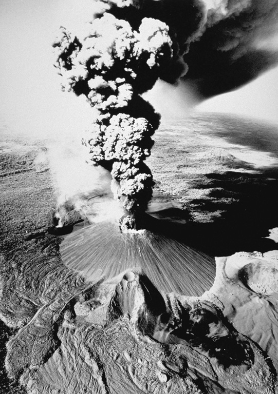 This dramatic photo of Cerro Negro in eruption in November 1968 shows a vigorous vertical ash plume rising from the summit crater.  This view from the east also shows the smoking flank vent of Cristo Rey at the southern base of the cone.  This vent fed a lava flow that traveled 1.5 km to the SW.  Fresh lava flows in the left foreground were erupted in 1960, and those from the prominent east-flank vent (lower center) were erupted in 1957. Photo by Tom Bretz, 1968 (courtesy of William Melson, Smithsonian Institution).