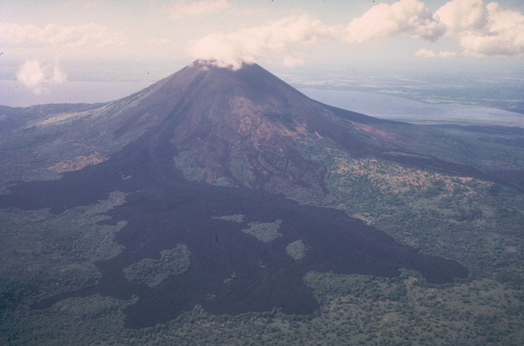 During the latest eruption of Momotombo volcano, in 1905, a large lava flow issued from the breached NE side of the summit crater and traveled 4.5 km onto the lower flanks.  The brief, 5-day-long eruption began on January 16 and was accompanied by minor explosive activity.  Several prominent "kipukas," (islands of older terrain) are visible in this view from the north with Lake Managua in the background. Photo by Jaime Incer, 1981.