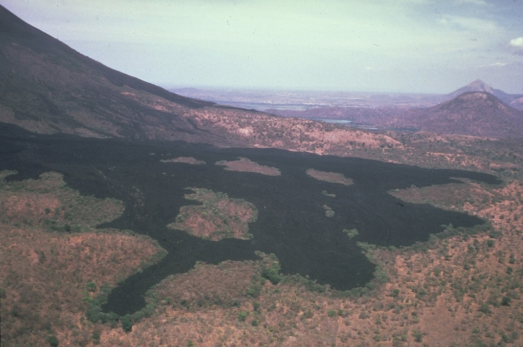 Successive lobes of the 1905 lava flow from Momotombo volcano in Nicaragua spread out on the flat slopes below the volcano, forming a broad terminus. This photo shows how lava flow direction is controlled by the topography, with individual lobes diverted around slightly higher areas of the pre-eruption surface, surrounding these prominent forested "islands" of older rock, known as kipukas. Photo by Jaime Incer, 1982.