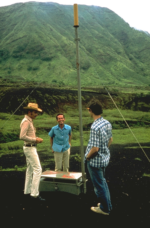 Early monitoring efforts at Masaya volcano included tilt meter stations such as this one, operated by the Instituto Nicaragüense de Estudios Territoriales (INETER).  Inflation of the volcano's surface produced by ascent of magma can be detected by sensitive instruments such as the one installed here in 1976. Photo by Dick Stoiber, 1976 (Dartmouth College).