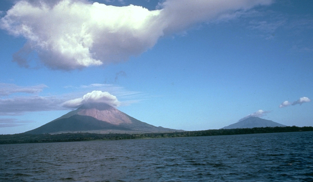 Concepción (left) and Maderas (right) form Ometepe island. They are seen here from the west, across a 10-20 km wide strait in Lake Nicaragua separating the island from the mainland. The volcanoes have formed on lake sediments overlying Tertiary-Cretaceous sediments.  Photo by Jaime Incer.