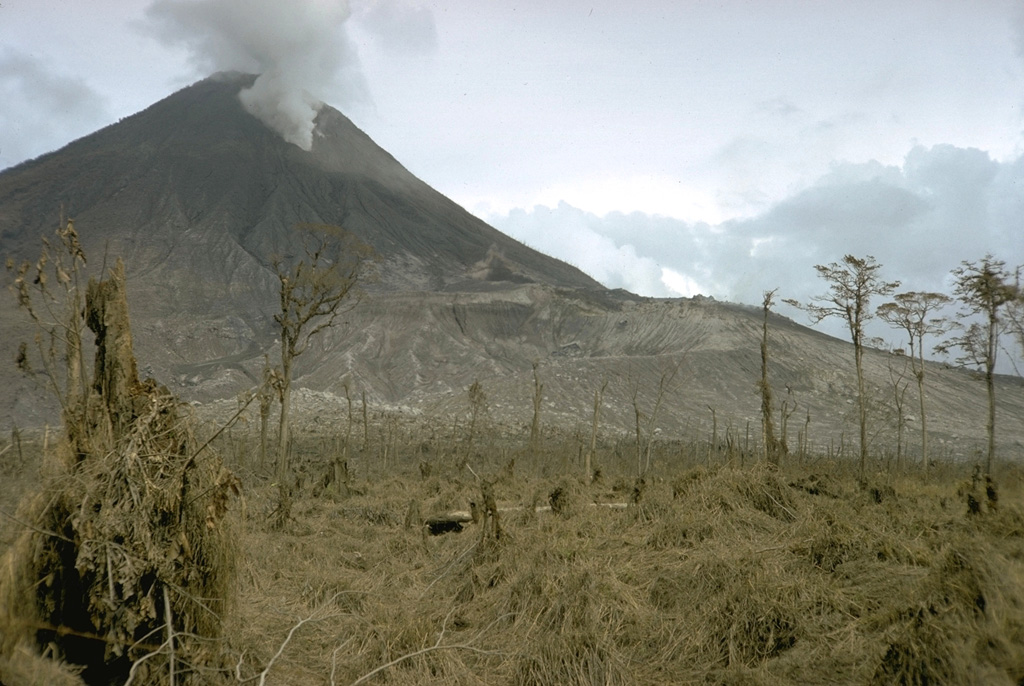 Three craters formed from the summit to the lower west flank of Arenal during the initial stages of a long-lived eruption that began on 29 July 1968. The lowermost crater (Crater A) is the near the center of this photo. Crater B is between Crater A and Crater C, which is producing a gas plume near the summit. Crater A was the source of the largest explosions, pyroclastic flows, and ballistic ejecta.  Photo by William Melson, 1968 (Smithsonian Institution).