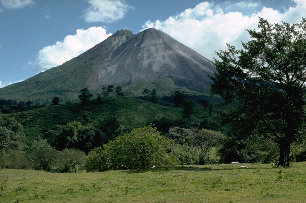 The new post-1968 Arenal cone is to the right in this 1989 view from the NW. The pre-1968 summit forms the peak to the left. Eruptions originating from four craters on the western flank produced the new cone and a lava flow field on the lower western flank.  Photo by William Melson, 1989 (Smithsonian Institution)