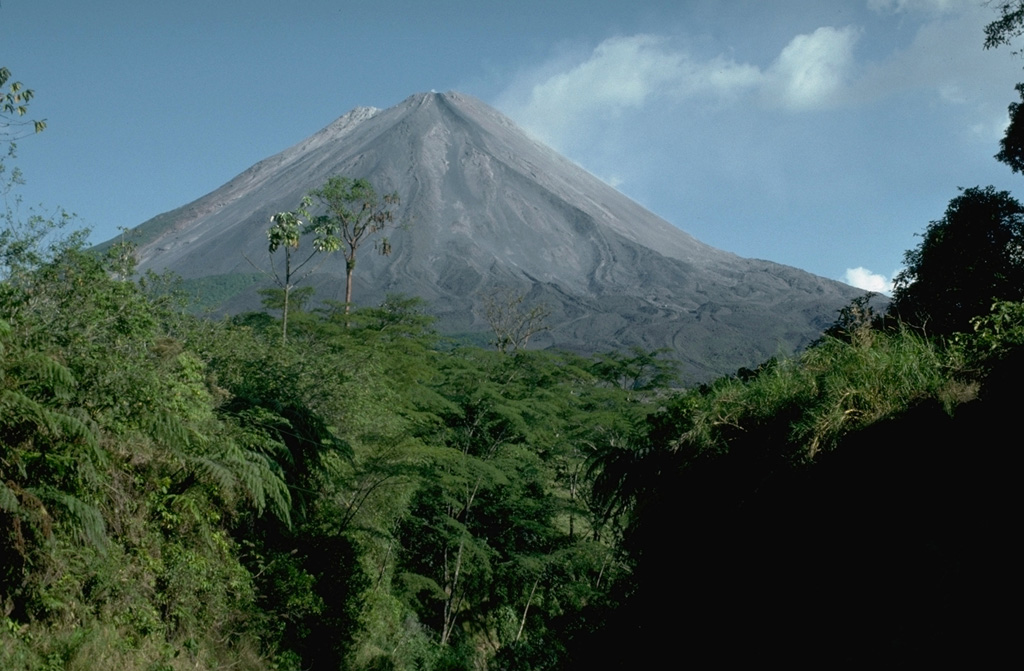 Arenal towers above forests along the Río Agua Caliente on the WSW flank. The Volcán Arenal National Park lies within the Arenal Conservation Area, which combines to protect eight of Costa Rica's 12 biological life zones and includes 16 protected reserves. Photo by William Melson, 1990 (Smithsonian Institution).