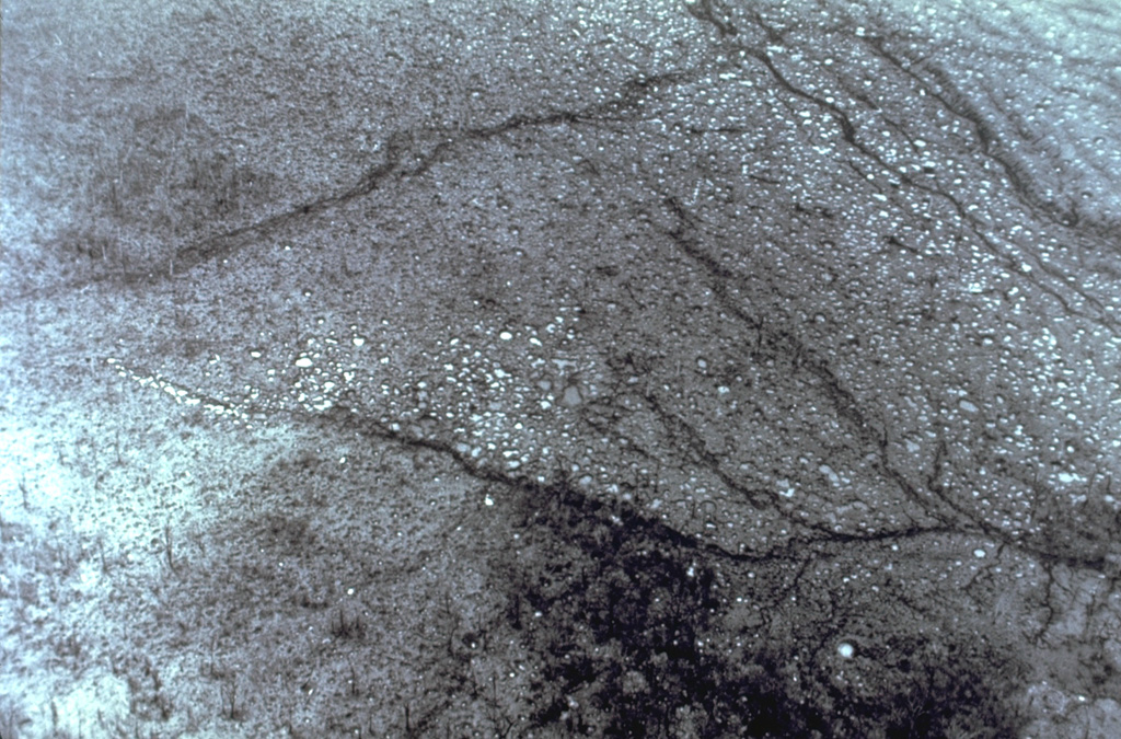 An aerial view overlooks the impact crater field of the 29 July 1968 eruption on the W flank near Pueblo Nuevo.  Most of the craters are partially filled by rainfall.  These secondary craters, produced by the high-velocity impact of blocks ejected from a new crater that opened on the W flank of Arenal, ranged in size from a few m to 30 m in diameter.  The crater field extended as far as about 5 km from the vent.  The devastating eruption of 29 July killed about 80 people. Photo courtesy of Tom Simkin, 1968 (Smithsonian Institution).